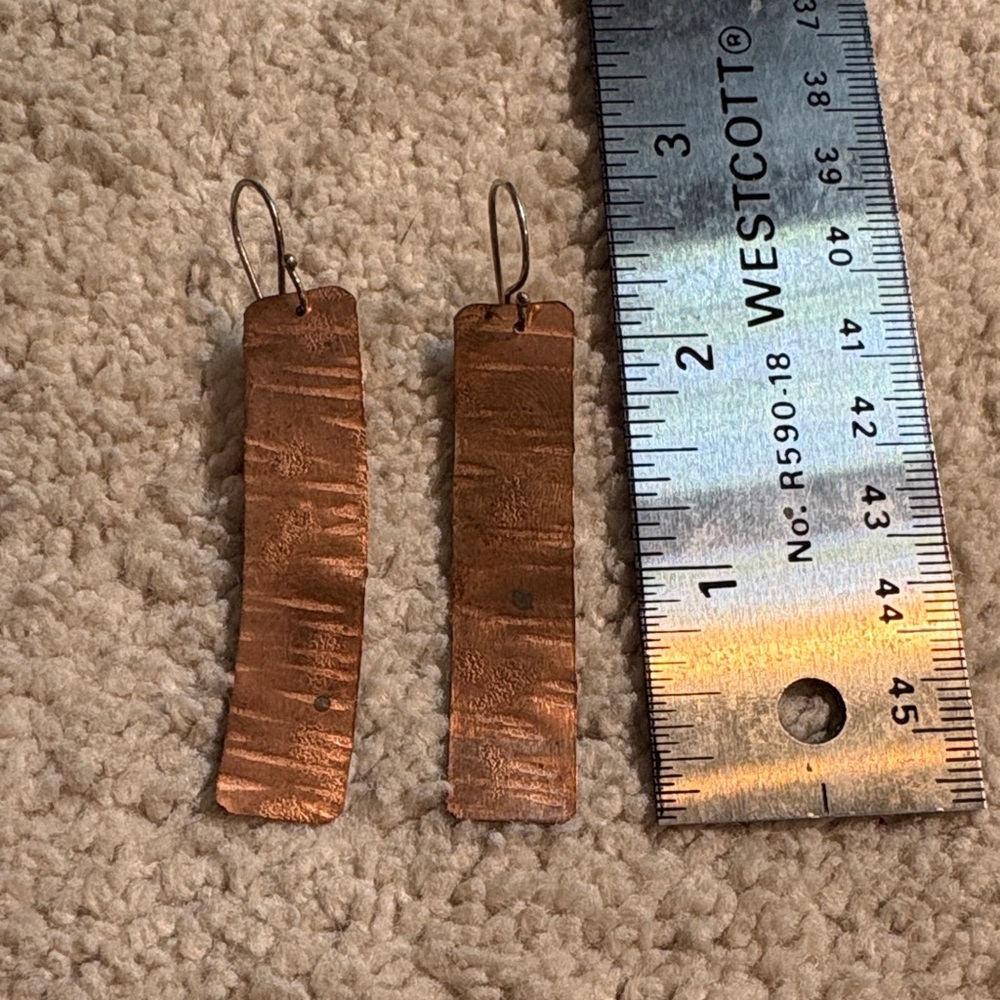 Handmade Textured Copper Dangle Earrings - Rustic Copper Tone